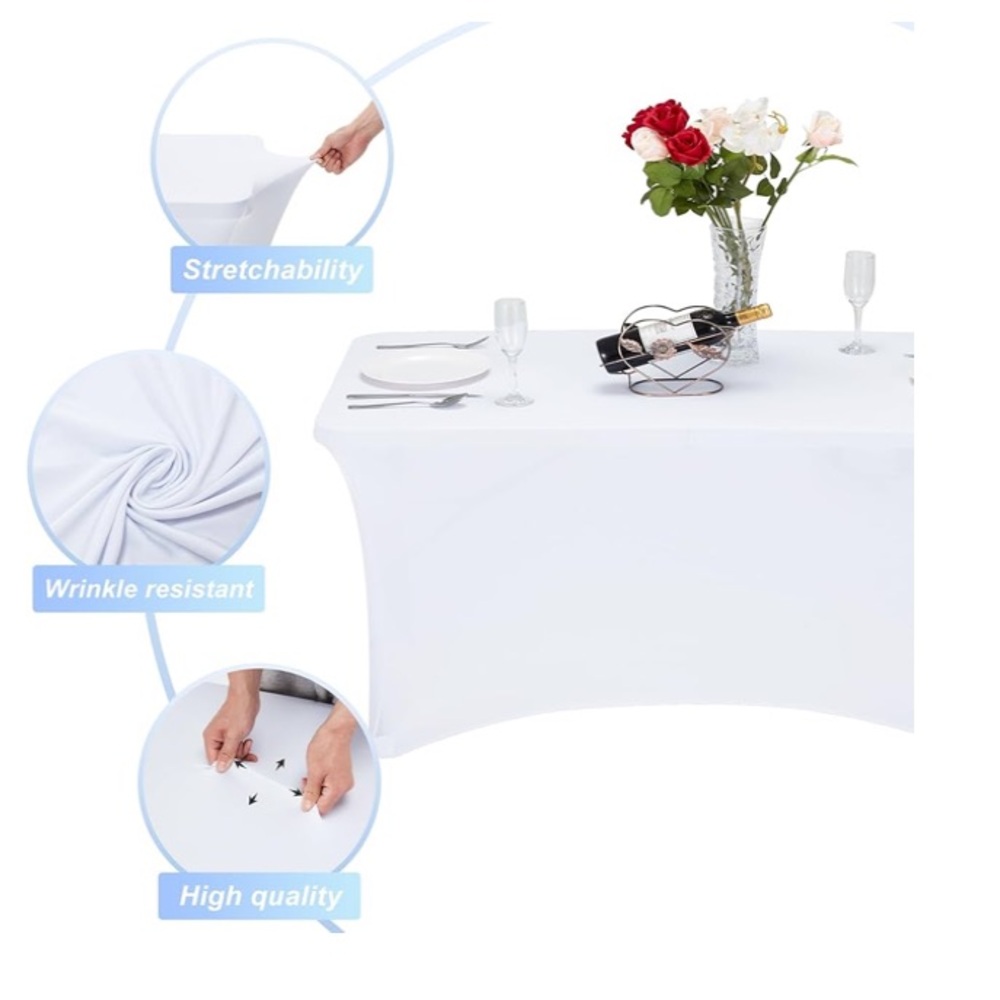 White 4’ Spandex Tablecloth Rectangle Table Stretchable‎ Wrinkle-Free Reusable